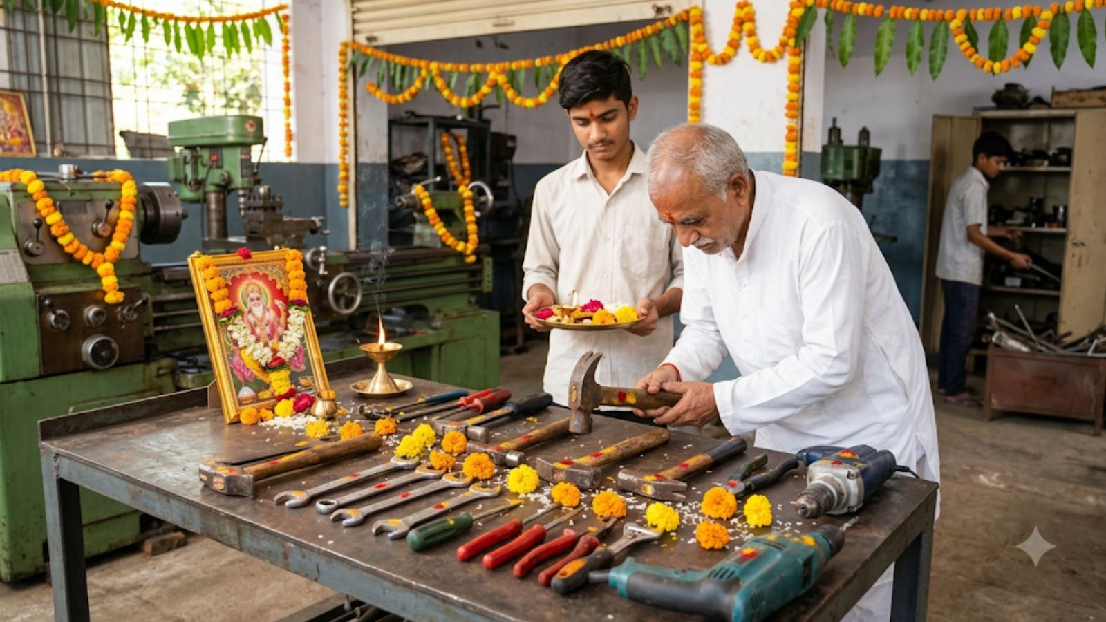 विश्वकर्मा पूजा पर औजारों और मशीनों की पूजा करते हुए सांकेतिक तस्वीर (एआई)