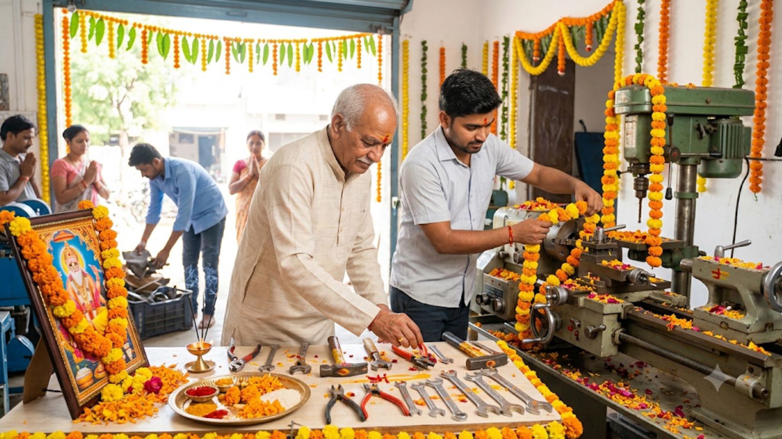 औजारों की पूजा करते हुए सांकेतिक तस्वीर (एआई)