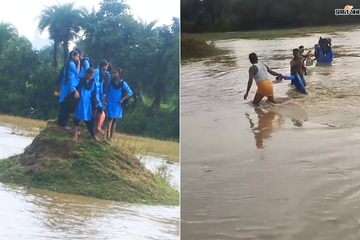 उफनाती सुखनियां नदी के बीच टिल्हे पर फंसीं स्कूली छात्राएं, सुखनियां नदी की तेज धार में फंसी छात्राओं को सुरक्षित निकालते ग्रामीण.