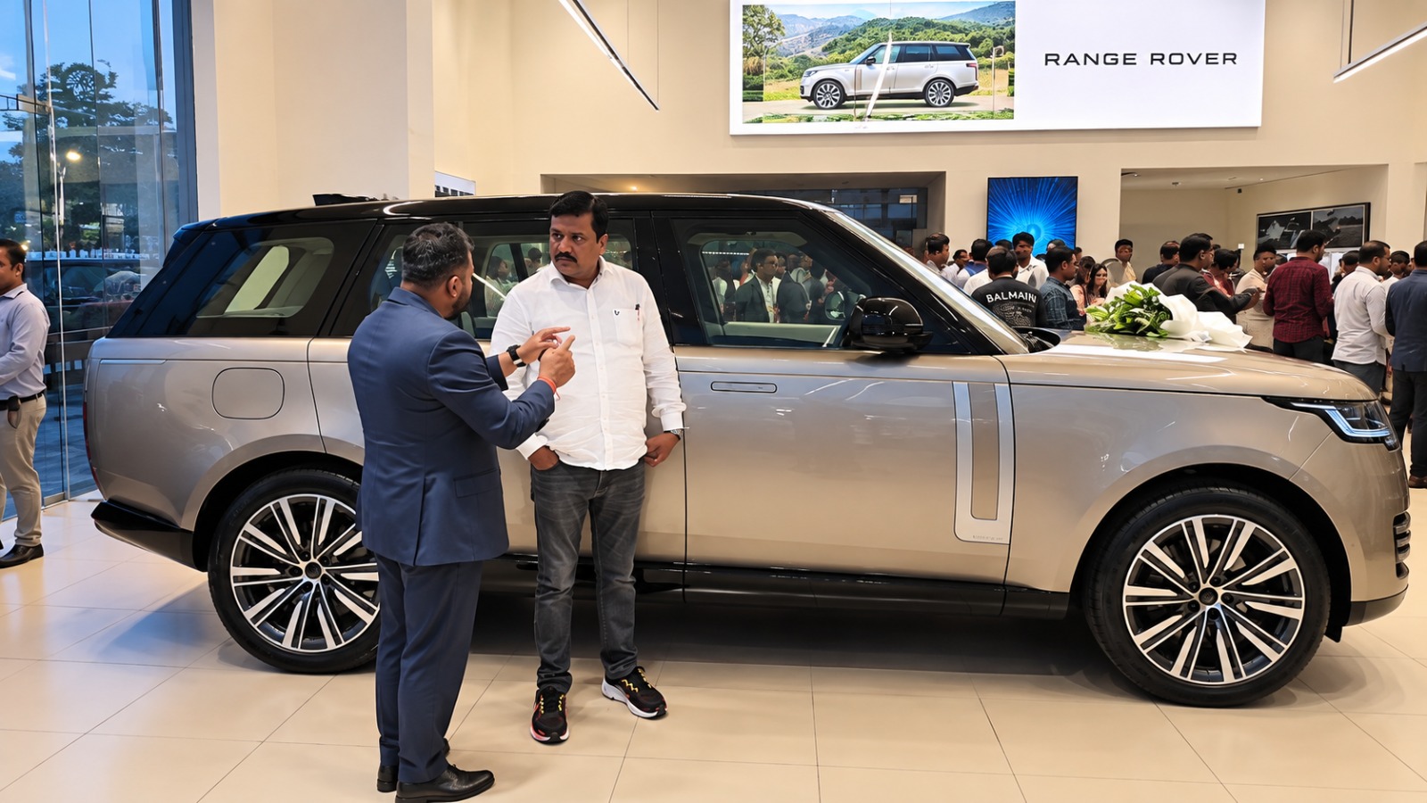 JLR Exclusive Showroom में ग्राहक को गाड़ी की खूबियां बताता सेल्स पर्सन