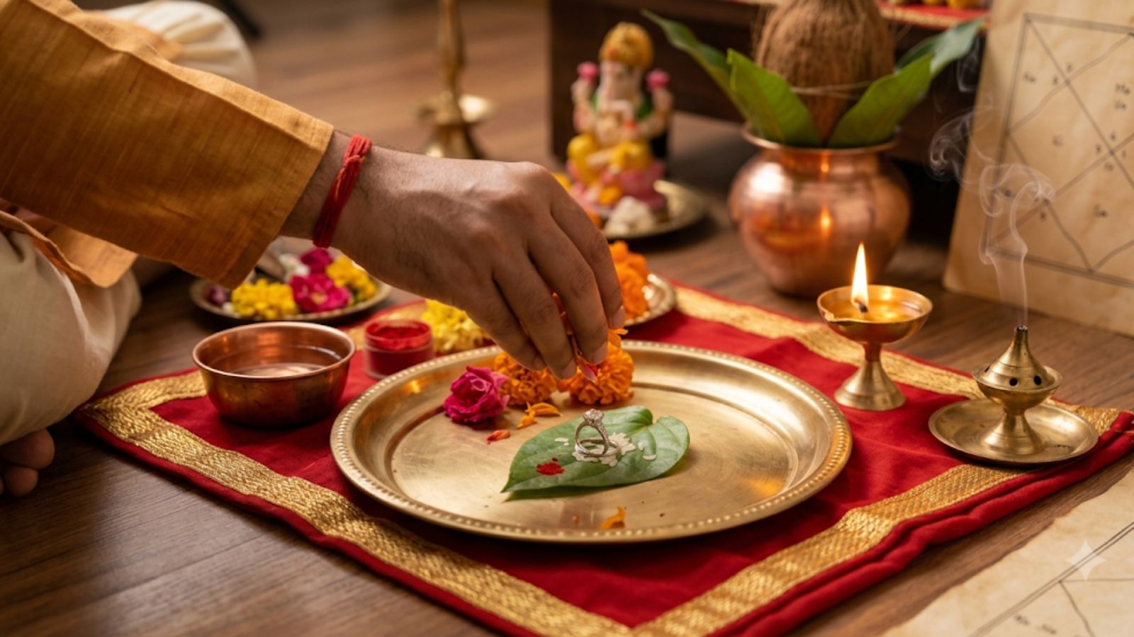 हिरा रत्न की अंगूठी की पूजा करते हुए सांकेतिक तस्वीर (एआई)