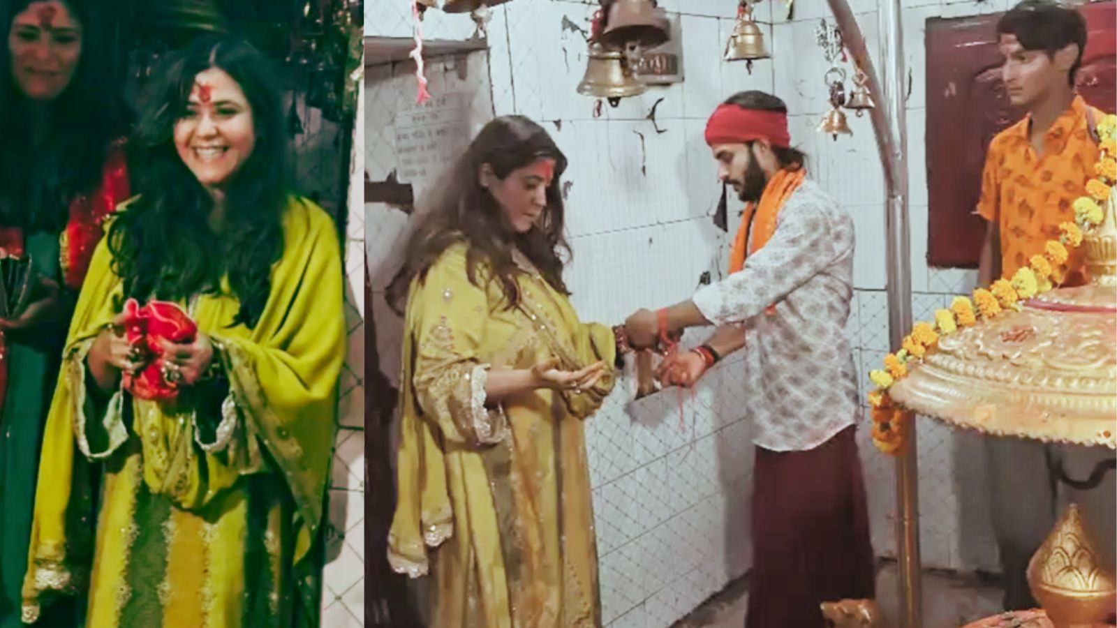 प्राचीन वन देवी मंदिर में पूजा-अर्चना के बाद हाथ जोड़कर नमन करतीं फिल्म निर्माता एकता कपूर.