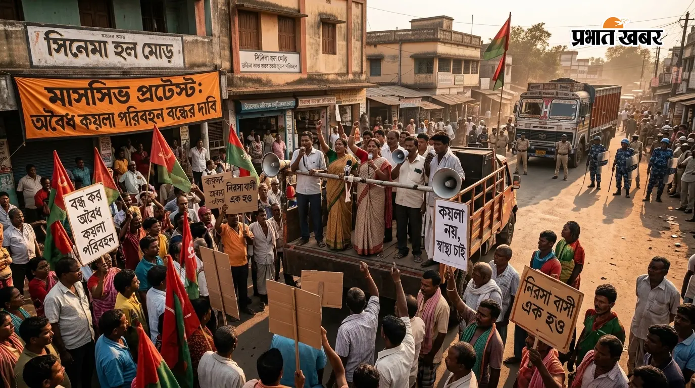 निरसा के सिनेमा हॉल मोड़ पर ग्रामीणों का जोरदार प्रदर्शन, अवैध कोयला परिवहन रोकने की मांग