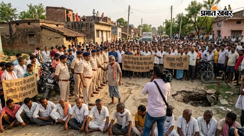 गड्ढों से परेशान ग्रामीणों ने सड़क पर लगायी आग, जाम कर बोले- मरम्मत का लिखित आश्वासन चाहिए