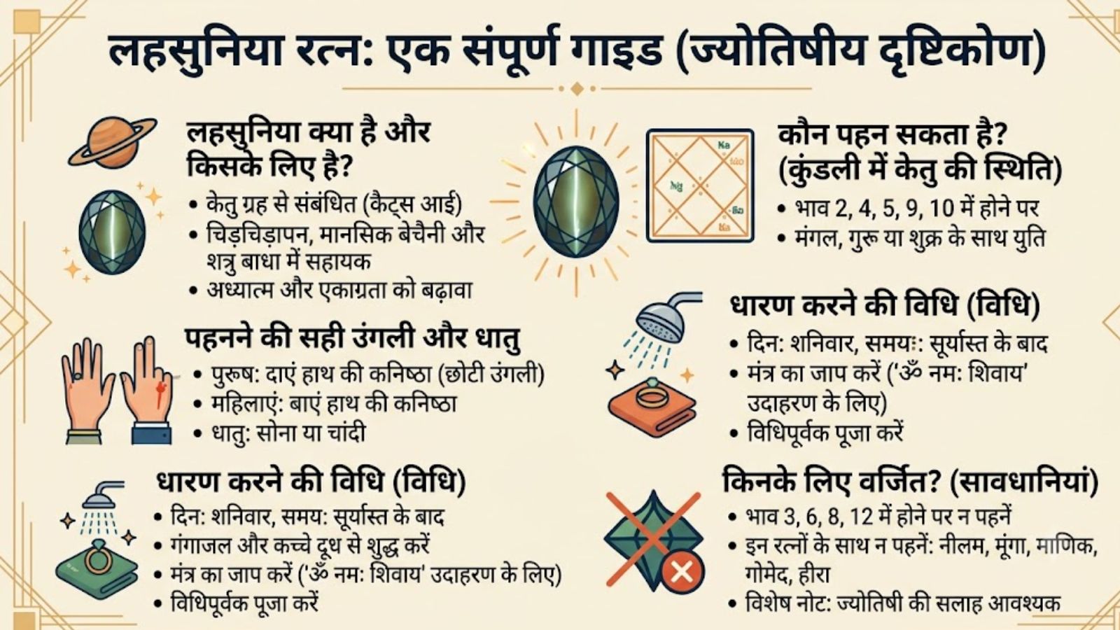 लहसुनिया रत्न का इन्फोग्राफिक (एआई)