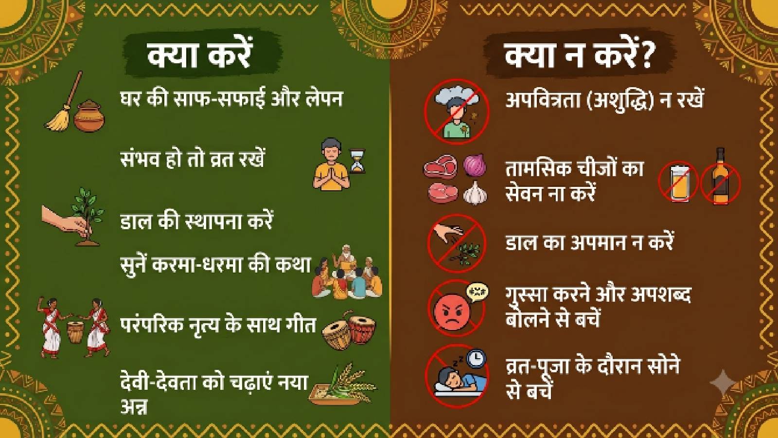 करमा पूजा के दिन क्या करें और क्या ना करें को दर्शाती इंफोग्राफिक्स (Image- AI Generated)