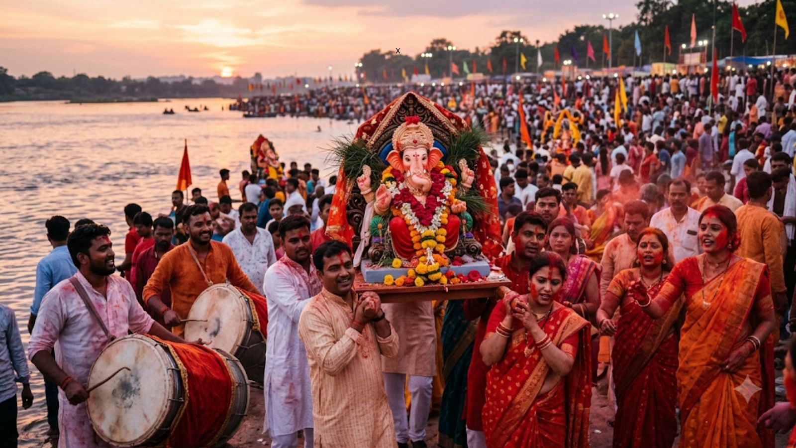भगवान गणेश की प्रतिमा को विसर्जन के लिए ले जाते हुए सांकेतिक तस्वीर (एआई)