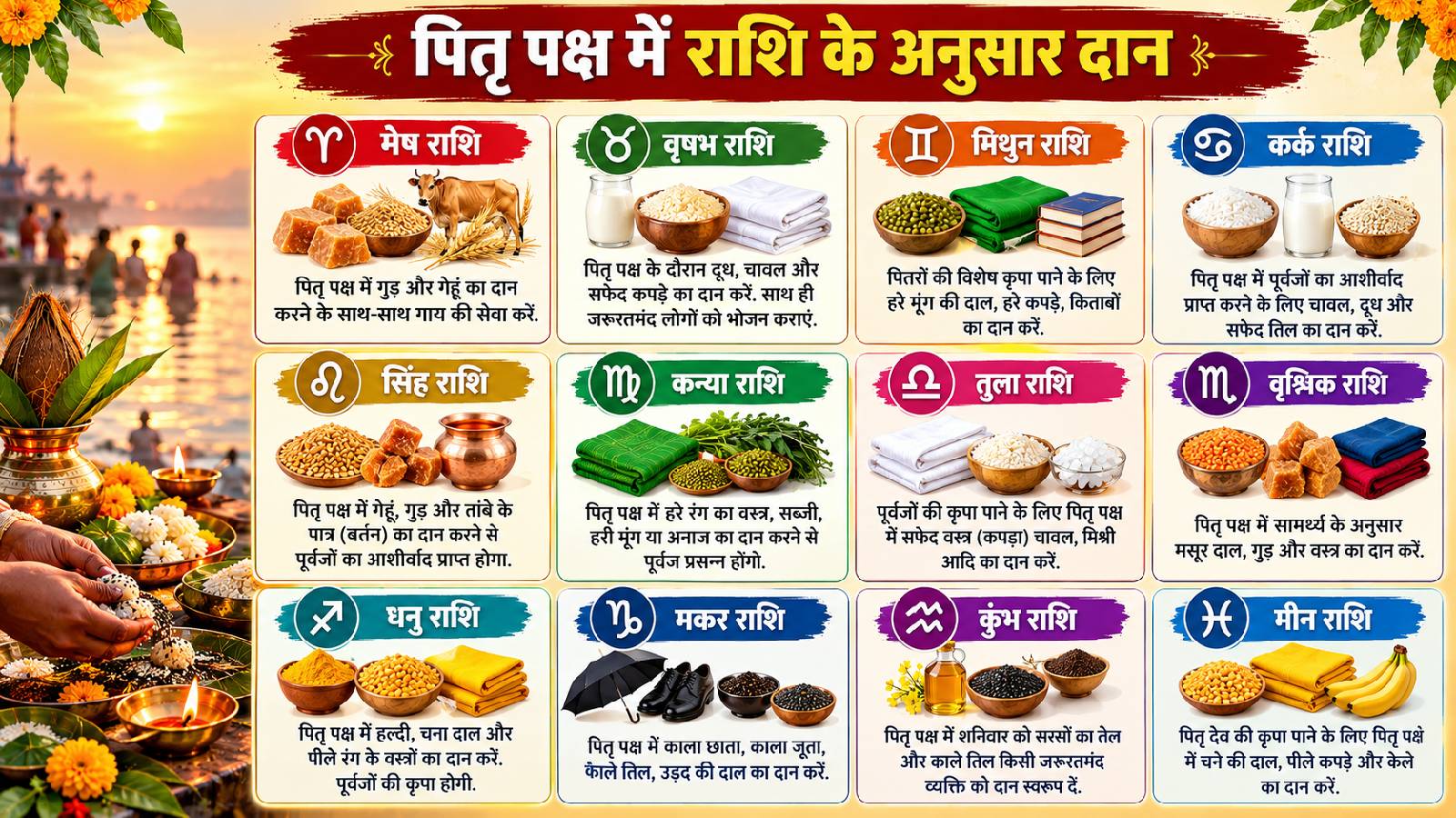 पितृ पक्ष में राशि के अनुसार क्या दान करें इंफोग्राफिक्स (फोटो- एआई)