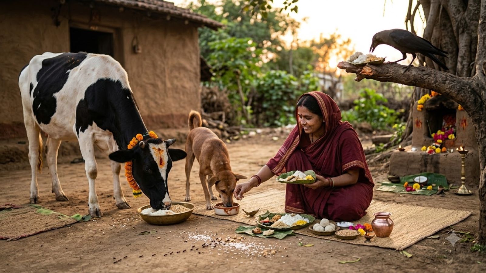 पितृ पक्ष में गाय, कुत्ता, कौआ और चींटी को भोजन करातीं महिला (फोटो- एआई)