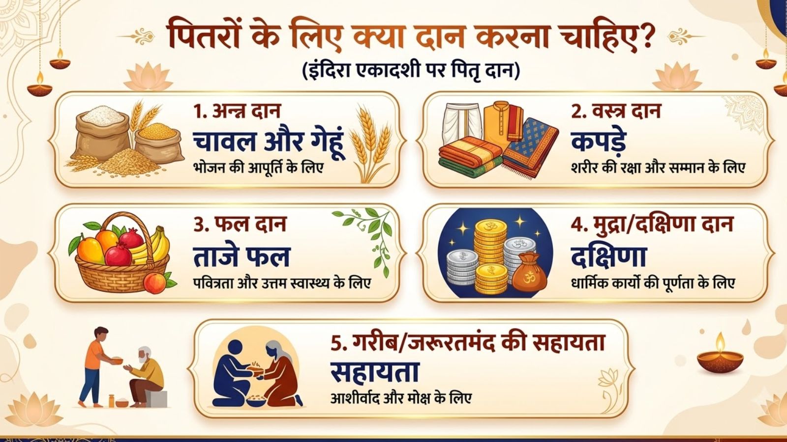 इंदिरा एकादशी के दिन किन चीजों का दान करें इंफोग्राफिक्स (फोटो- एआई)