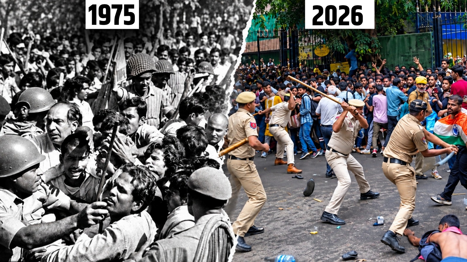 एक ओर 1975 के जेपी आंदोलन की तस्वीर है, तो दूसरी ओर 2026 के दिल्ली आंदोलन की. दोनों ही तस्वीरों में भीड़ को नियंत्रित करने के लिए पुलिस कार्रवाई करती नजर आ रही है. हालांकि, दोनों दौर में पुलिस की कार्रवाई के तौर-तरीकों में अंतर साफ-साफ दिखाई देता है.