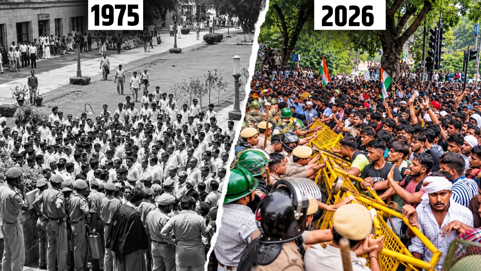 तस्वीर के पहले हिस्से में देखा जा सकता है कि 1975 में प्रदर्शन करने आये लोगों को रोकने के लिए पुलिस को बैरिकेडिंग नहीं करना पड़ा है. जबकि 2026 में आंदोलन कर रहे प्रदर्शनकारियों को रोकने के लिए पुलिस को जरूरत से ज्यादा मशक्कत करनी पड़ रही है.