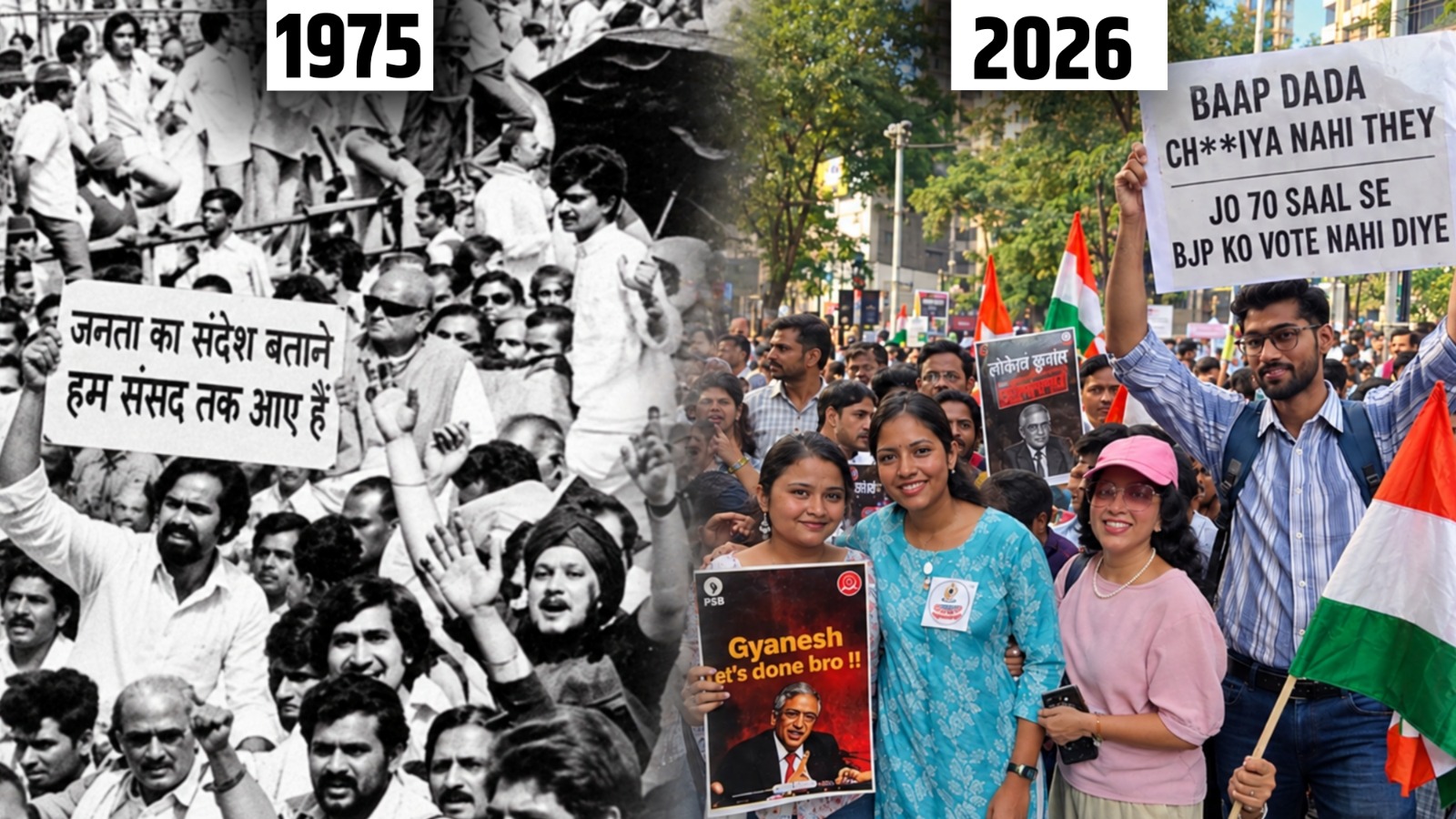 1975 में आंदोलन कर रहे प्रदर्शनकारी अपने साथ जो पोस्टर लेकर आए हैं उसमें लिखा है- जनता का संदेश बताने, हम संसद तक आए हैं. जबकि 2026 में Gen Z अपने पोस्टर में लिख कर आ रहे हैं- ज्ञानेश इट्स डन ब्रो. पहले पोस्टर-बैनर का इस्तेमाल होता था. अब मीम कल्चर का जमाना है. मीम शेयर कर भावनाएं जाहिर करते हैं.