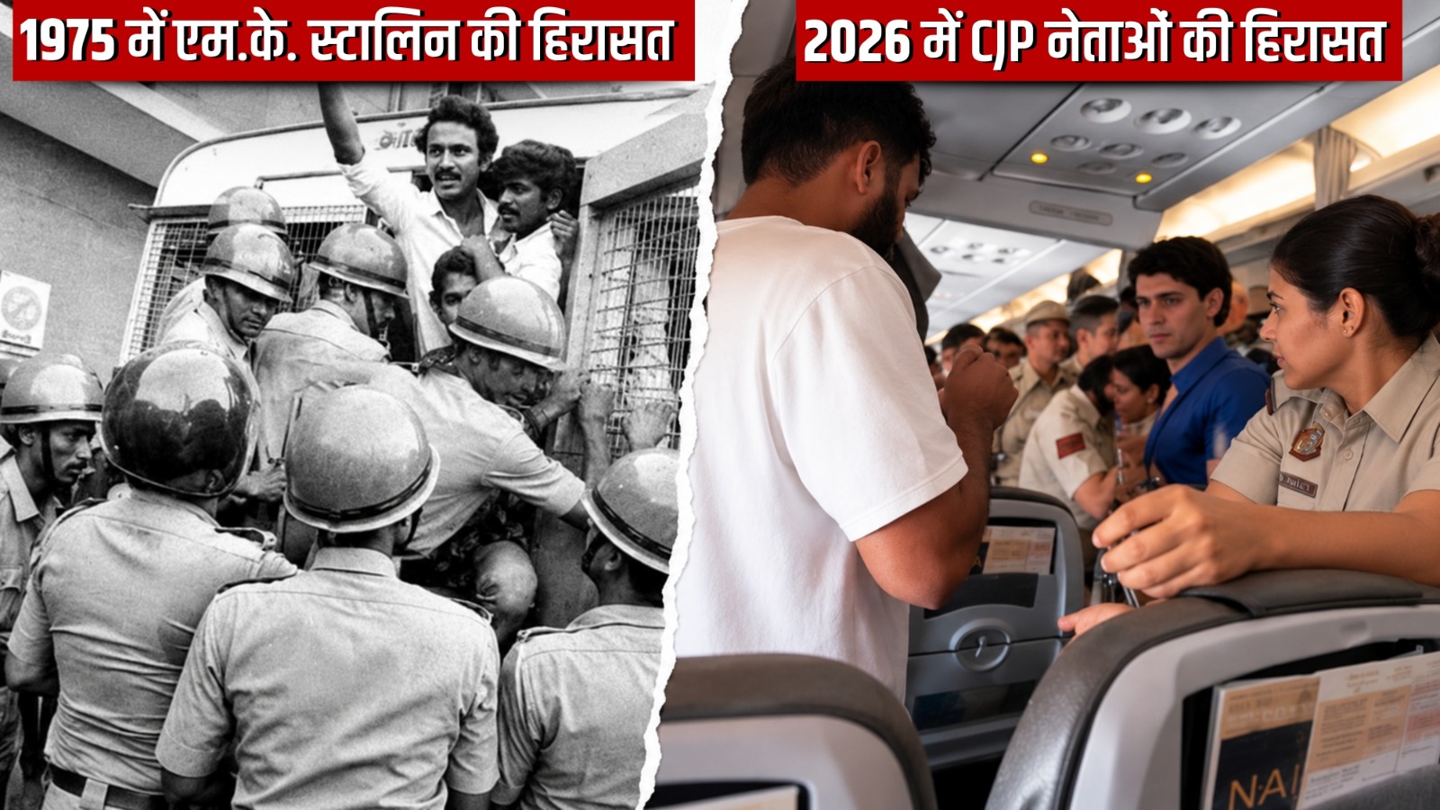 1975 में इमरजेंसी के खिलाफ सड़क पर उतरते ही कुछ इस तरह एमके स्टालीन को हिरासत में लिया गया था. जबकि 10 अक्टूबर 2026 को प्रोटेस्ट करने दिल्ली आ रहे दीपके और उनके साथियों को दिल्ली पुलिस ने फ्लाइट से ही हिरासत में ले लिया.