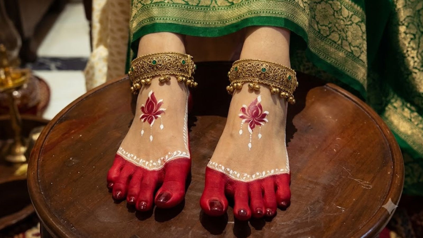 व्हाइट डिटेलिंग वाला खूबसूरत आलता डिजाइन
