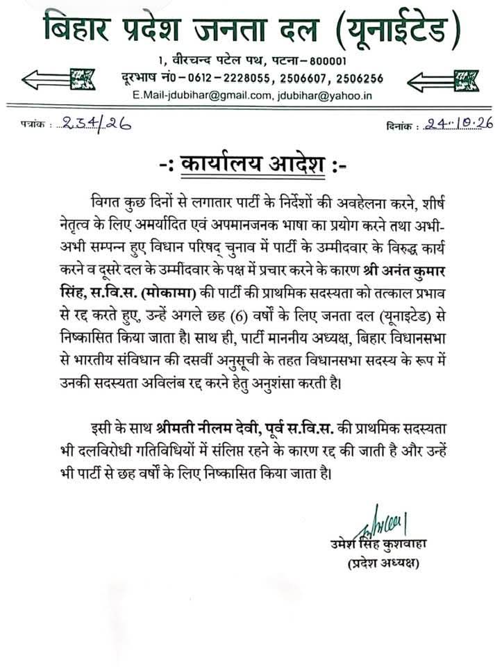 जदयू ने जारी किया लेटर